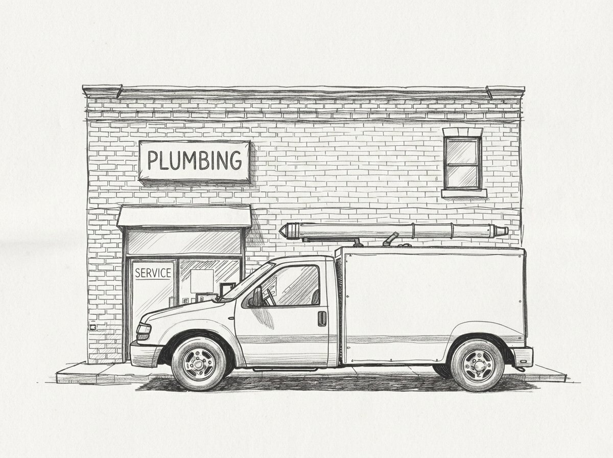 Pencil sketch of a small American service business, a service truck parked outside a brick storefront.